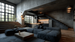 Modern Industrial Living Room with Loft Design and Warm Lighting