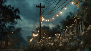 Daisy-Lit Fence Line at Dusk with Hanging Lights