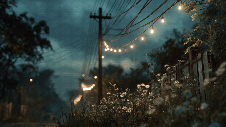 Daisy-Lit Fence Line at Dusk with Hanging Lights