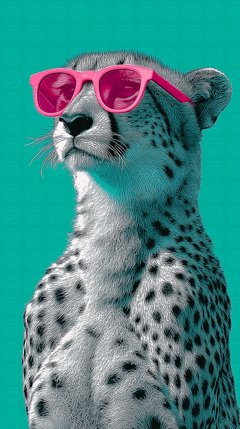 Cheetah With Pink Sunglasses Looking Into Distance On Teal Background