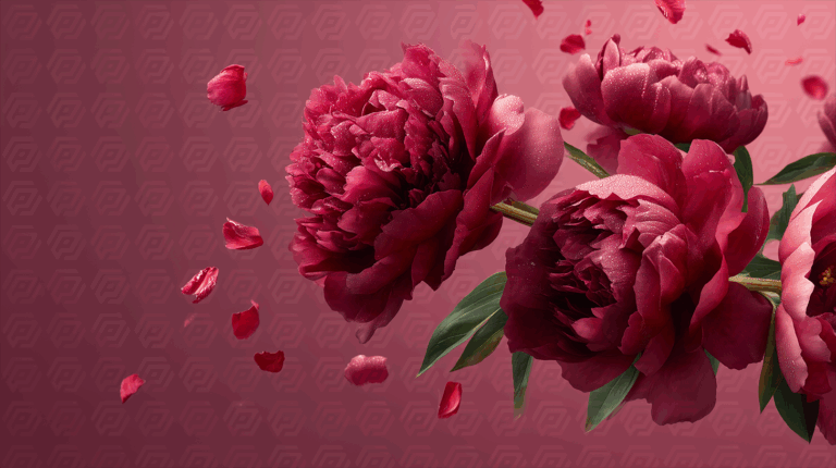 Deep Red Peony Flowers with Dew Drops and Falling Petals