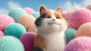 Confident Calico Cat Surrounded by Colorful Textures