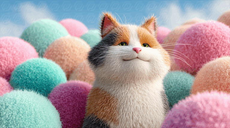 Confident Calico Cat Surrounded by Colorful Textures