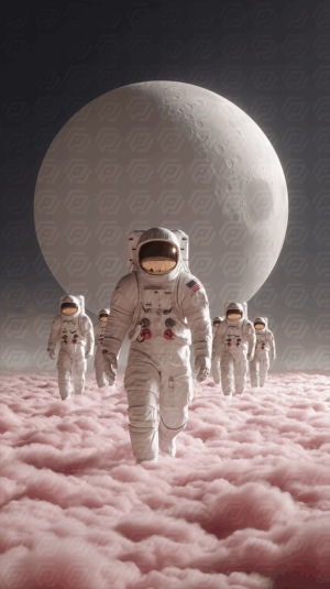 Astronauts March Through Pink Clouds Toward Massive Moon