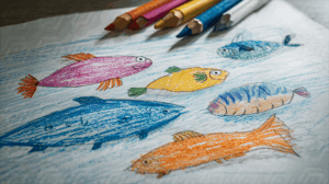 Children’s Crayon Drawing of Multiple Colorful Fish