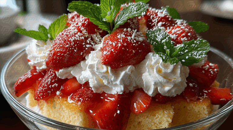 Closeup Of Strawberry Shortcake Trifle With Cream And Mint