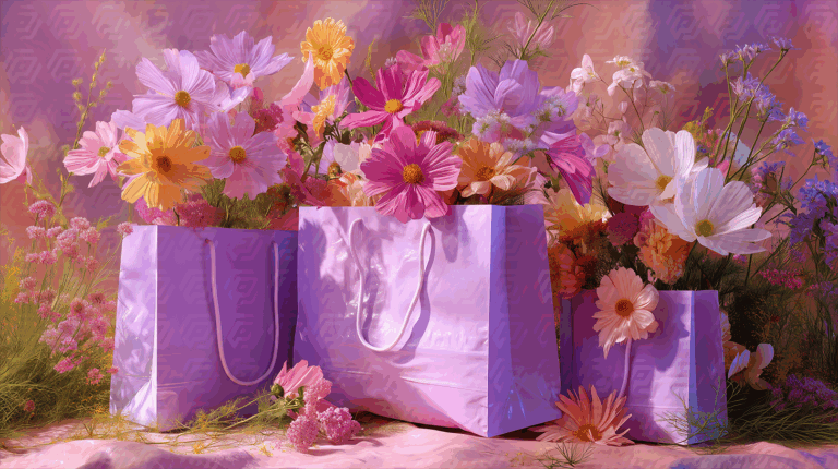 Pastel Gift Bags with Blooming Flowers on a Pink Background