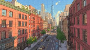 Cartoon Aerial View of City Street and Skyline