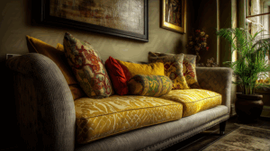 Cozy Sofa With Colorful Throw Pillows in Traditional Living Room