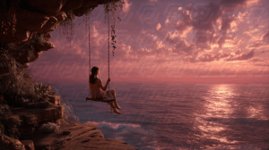 Woman on Swing Over Ocean Cliff at Sunset