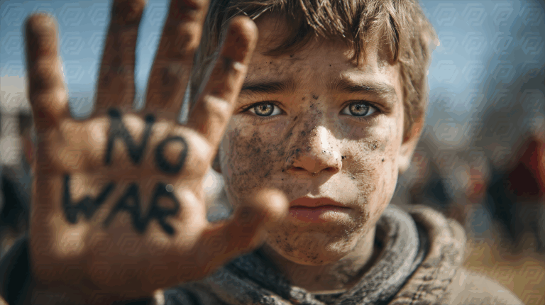 Dirty Child Holding Hand With No War Message