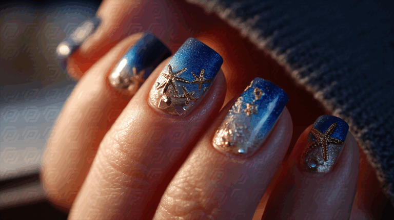 Ocean-Themed Blue Gradient Nails With Starfish And Shell Embellishments