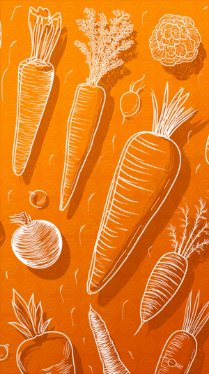 Hand Drawn Carrots and Root Vegetables on Orange Background
