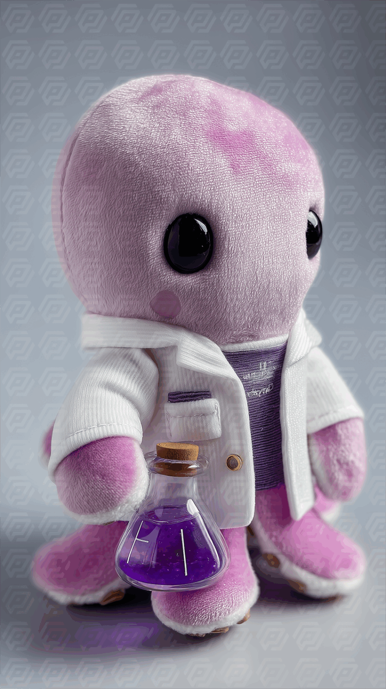Cute Octopus Plush Toy Dressed as Scientist Holding Purple Potion