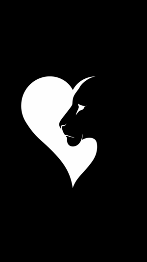 Heart Shaped Lion Silhouette Facing Right in Black and White Contrast
