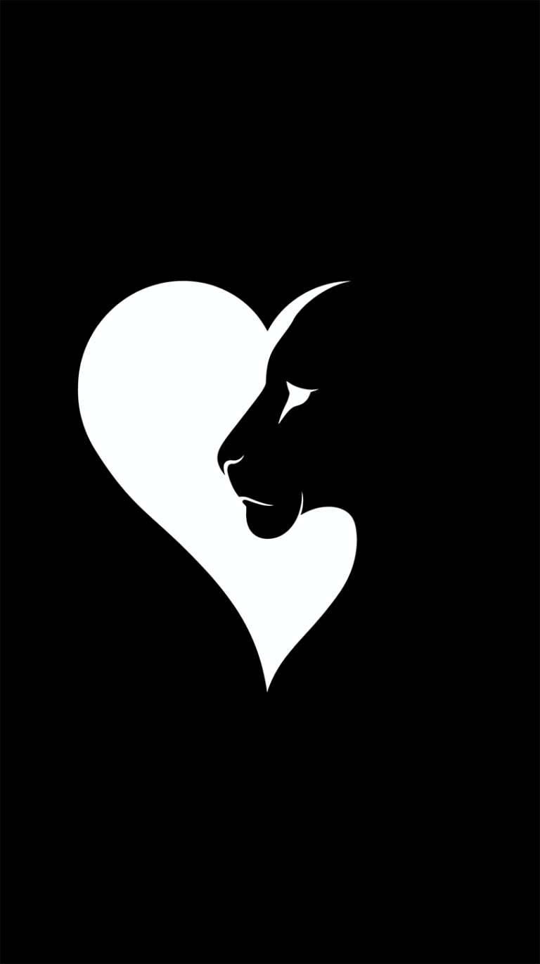 Heart Shaped Lion Silhouette Facing Right in Black and White Contrast