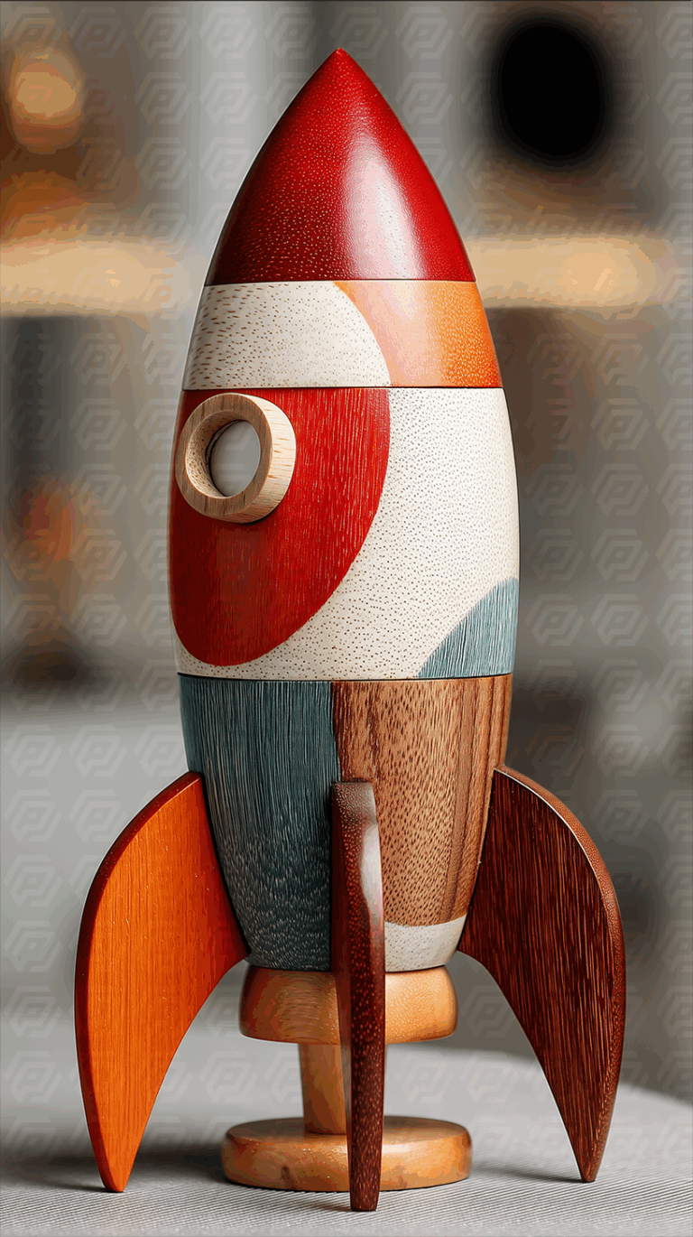 Colorful Wooden Rocket Toy With Modern Retro Design