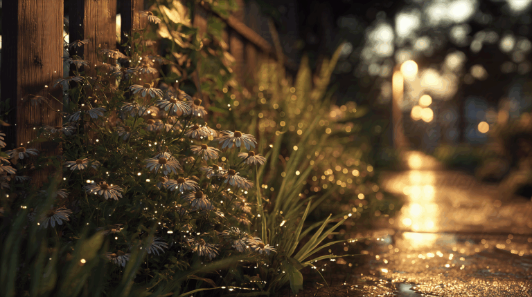 Daisies Along Wet Fence Path Illuminated by Warm Streetlights