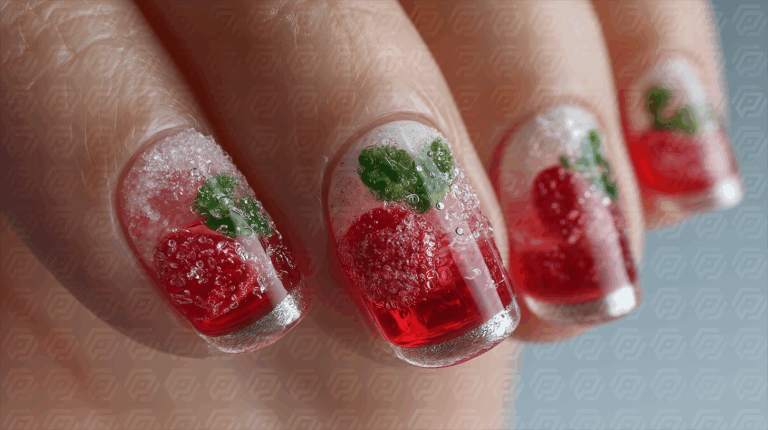 Strawberry Drink Nail Art With Ice and Mint Detail