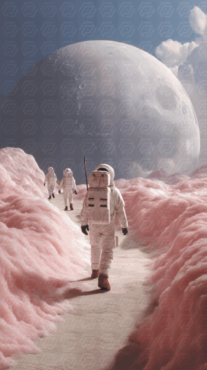 Astronauts Walking Through a Pink Alien Landscape Under a Giant Moon