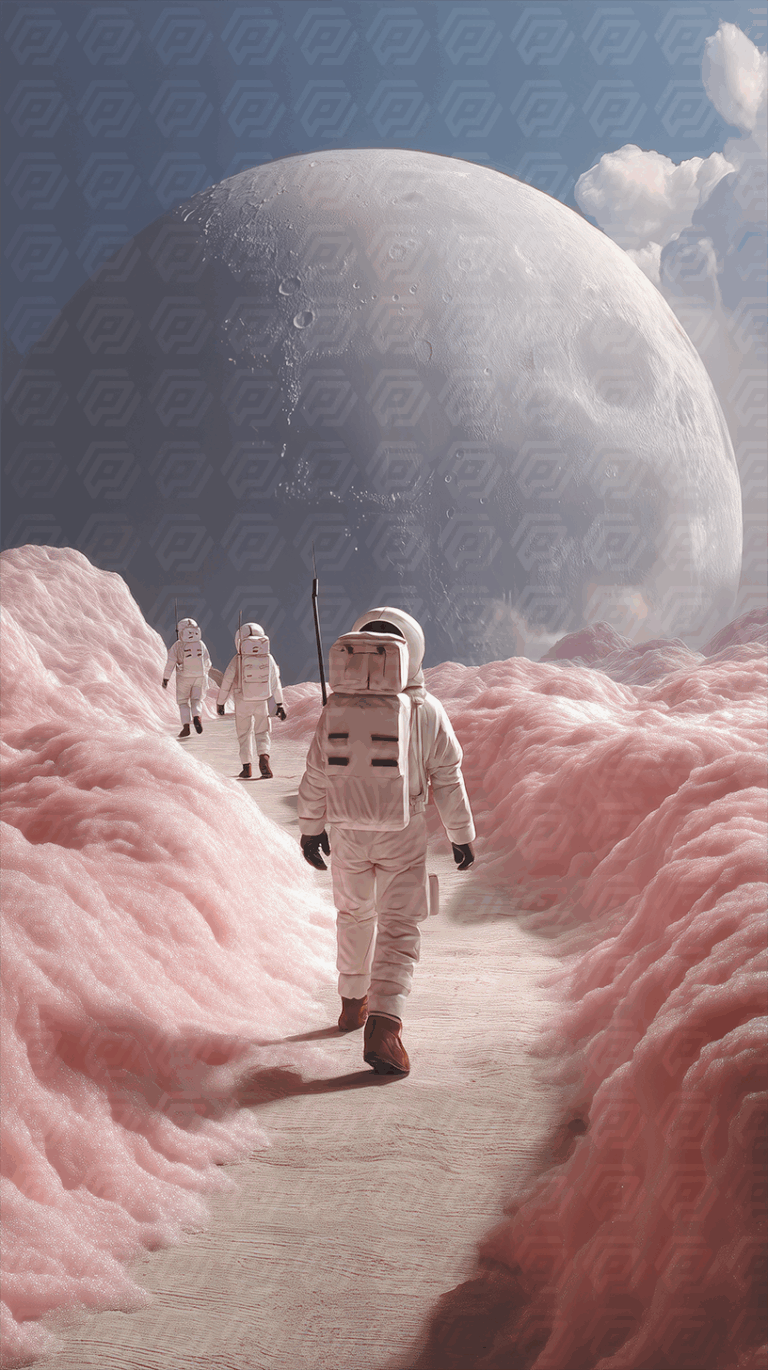 Astronauts Walking Through a Pink Alien Landscape Under a Giant Moon