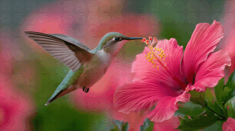 Hummingbird Feeding from Bright Hibiscus Flower in Close-Up