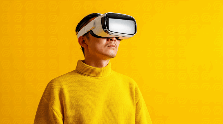 Man Wearing VR Headset in Yellow Turtleneck Against Yellow Background