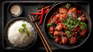 Spicy Glazed Chicken with White Rice and Fresh Cilantro