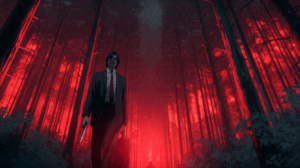 Man in Suit Holding Blade in Red Forest
