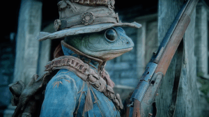 Anthropomorphic Frog Soldier Holding a Rifle in Frontier Attire