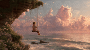 Child on Cliffside Swing Over Ocean at Sunrise