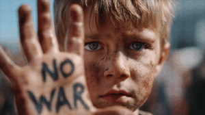 Young Boy Protester With No War Painted On Hand