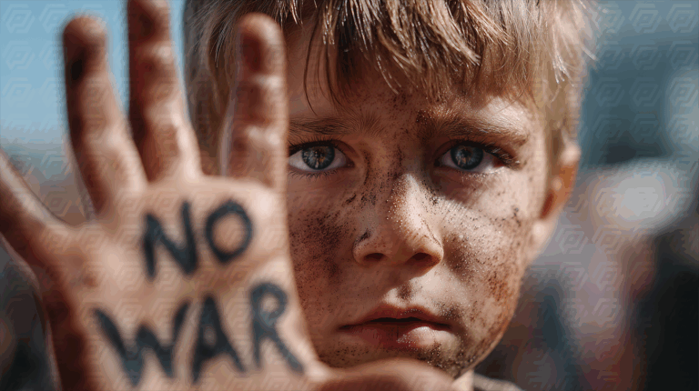Young Boy Protester With No War Painted On Hand