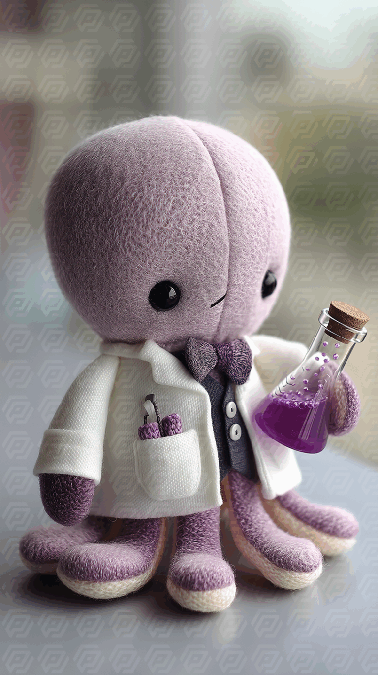 Purple Octopus Plush in Lab Coat Holding Chemistry Flask