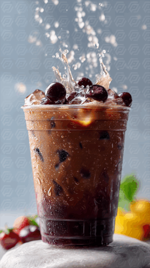 Dynamic Iced Coffee Splash With Cherries And Ice Cubes