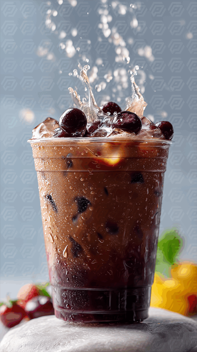 Dynamic Iced Coffee Splash With Cherries And Ice Cubes