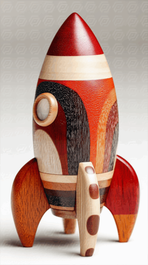 Multi-Tone Wooden Rocket Sculpture With Retro Patterned Design