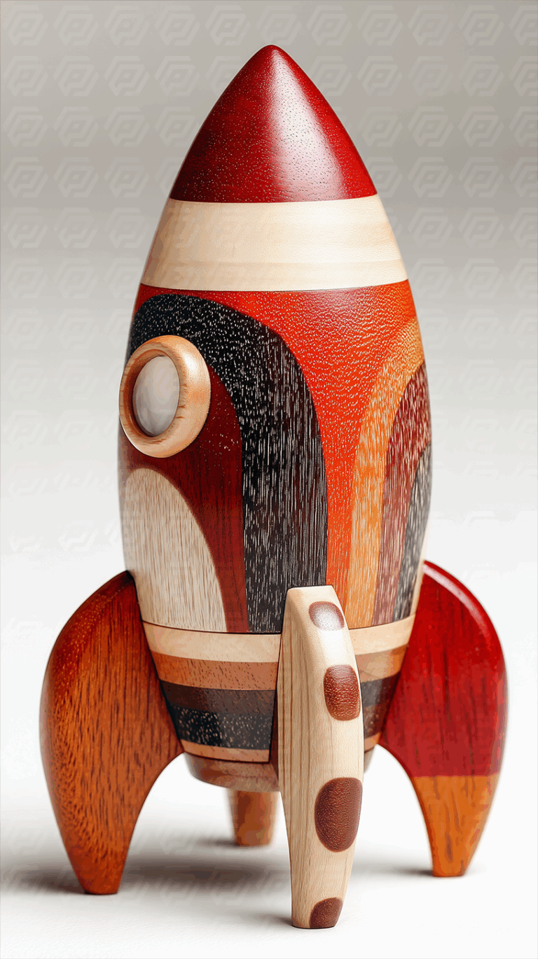 Multi-Tone Wooden Rocket Sculpture With Retro Patterned Design