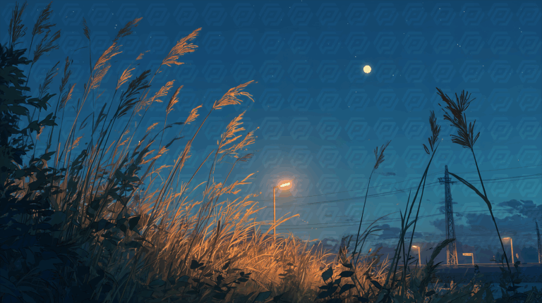Tall Grass Glowing in Moonlight with a View of Distant Highway