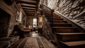 Rustic Stone Living Room With Wooden Staircase
