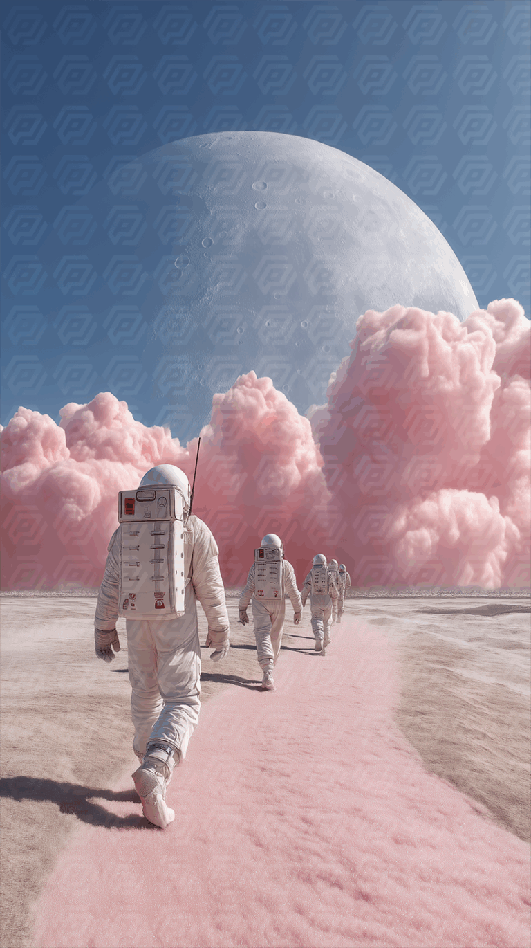 Group of Astronauts Marching Toward Pink Clouds on an Alien Planet