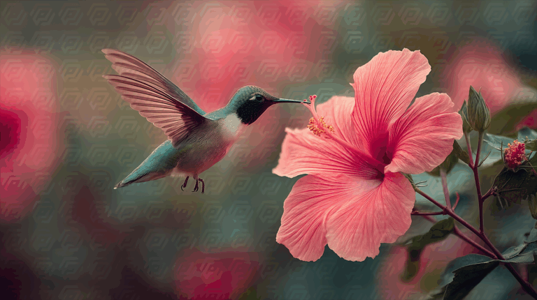 Hummingbird Hovering Beside Pink Hibiscus Bloom