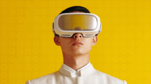 Futuristic Portrait of Man in VR Headset Wearing White Jacket