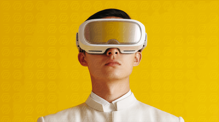 Futuristic Portrait of Man in VR Headset Wearing White Jacket