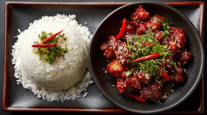 Asian Sweet and Spicy Chicken with Rice and Red Chilies
