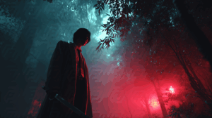 Dramatic Silhouette of Man with Sword in Neon Forest