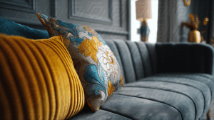 Floral and Pleated Throw Pillows on Velvet Sofa