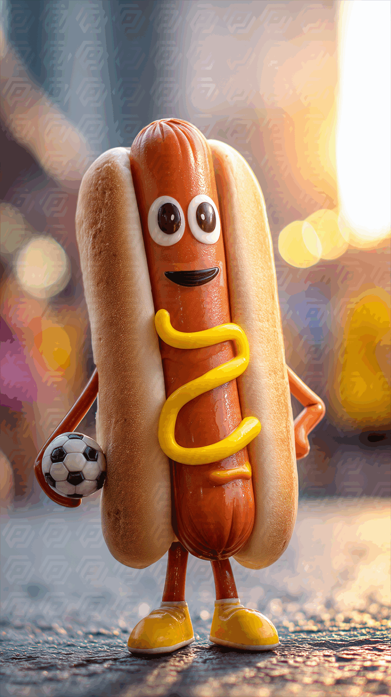 Cartoon Hot Dog Character Playing Soccer with Joyful Expression