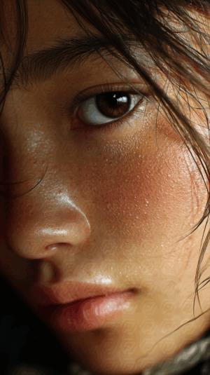Close Up of Realistic Freckled Face with Brown Eye and Wet Skin