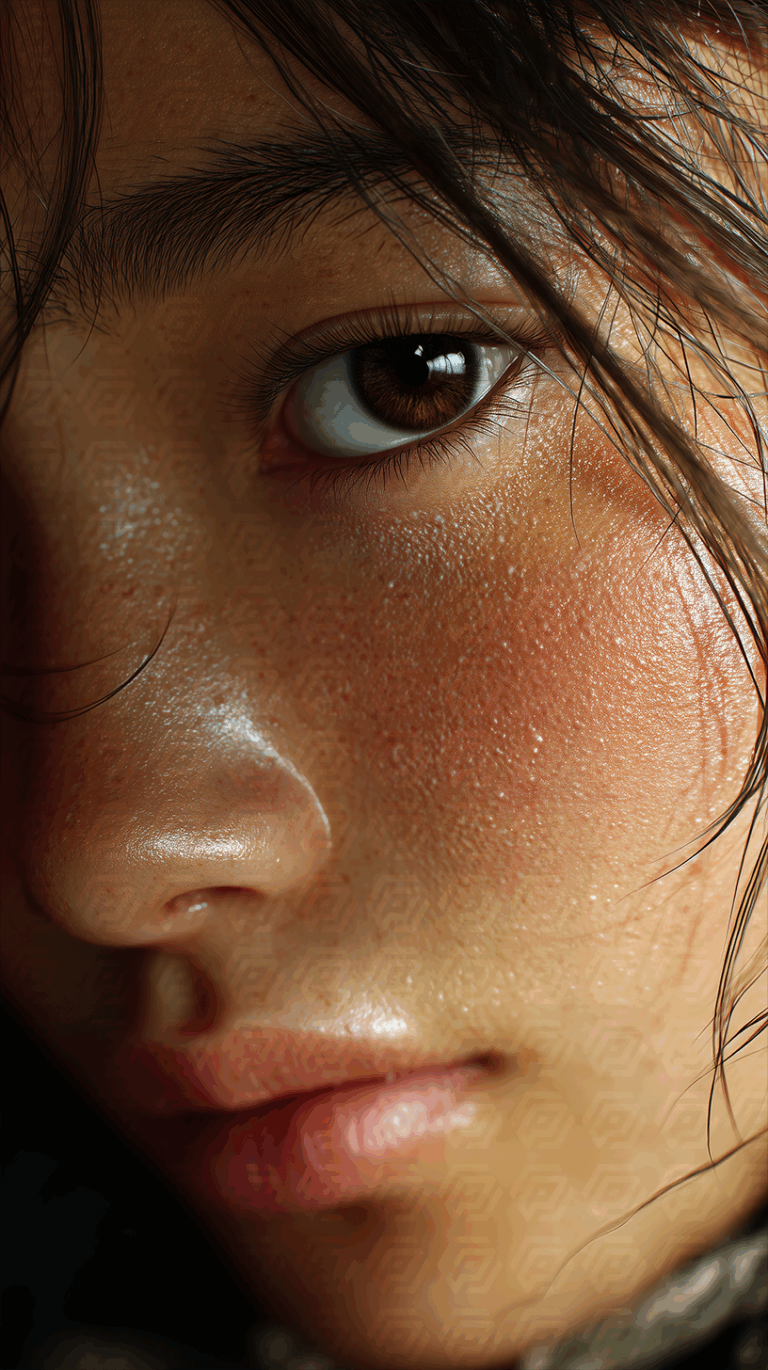 Close Up of Realistic Freckled Face with Brown Eye and Wet Skin